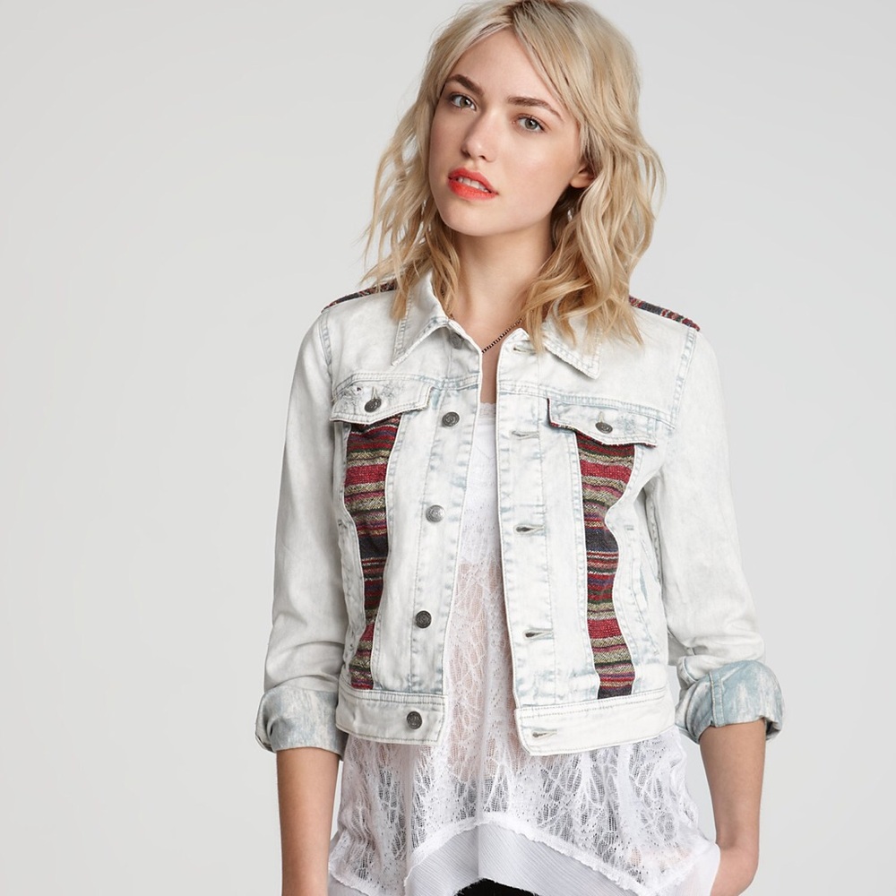 Free People White Washed Denim Jacket with Multicolor Striped Inset